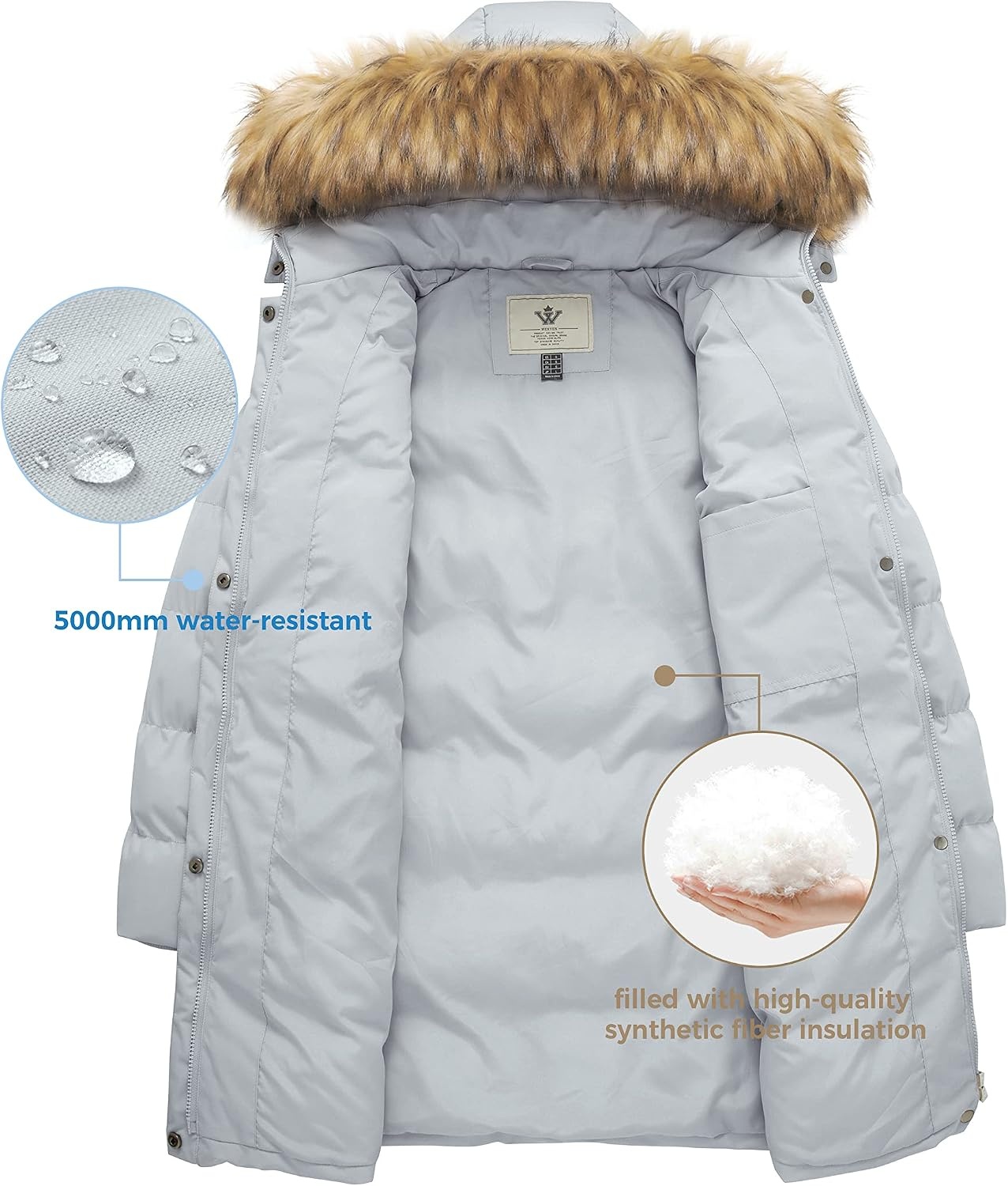 image:imageWenVen Womens Winter Thickened Long Puffer Coat Warm Parka Jacket Removable Faux Fur Hood Windproof Waterproof Plus Size AvailableGrey