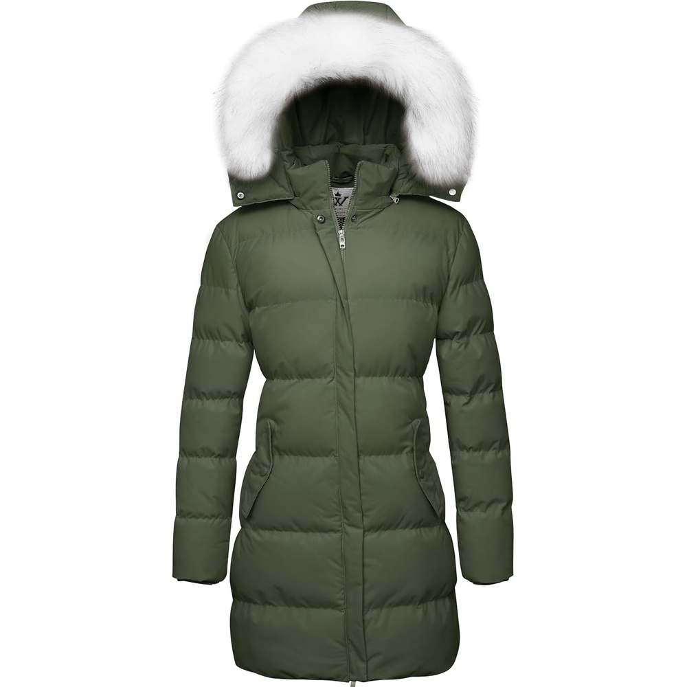 image:imageWenVen Womens Winter Thickened Long Puffer Coat Warm Parka Jacket Removable Faux Fur Hood Windproof Waterproof Plus Size AvailableOlive