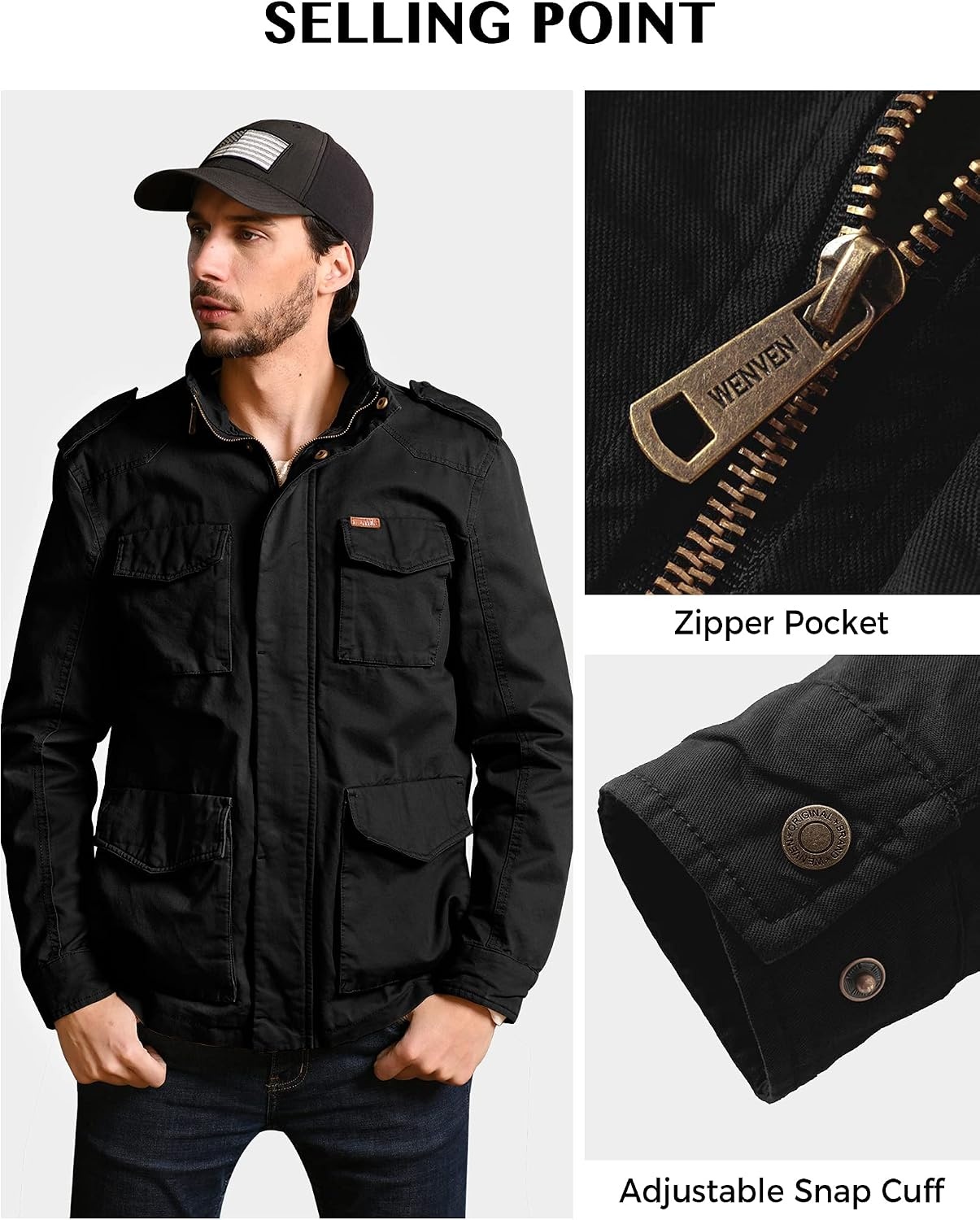 image:imageWenVen Mens Lightweight Twill Cotton Military Windbreaker Canvas JacketBlack