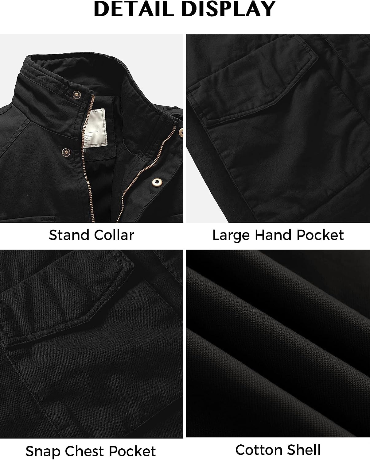 image:imageWenVen Mens Lightweight Twill Cotton Military Windbreaker Canvas JacketBlack