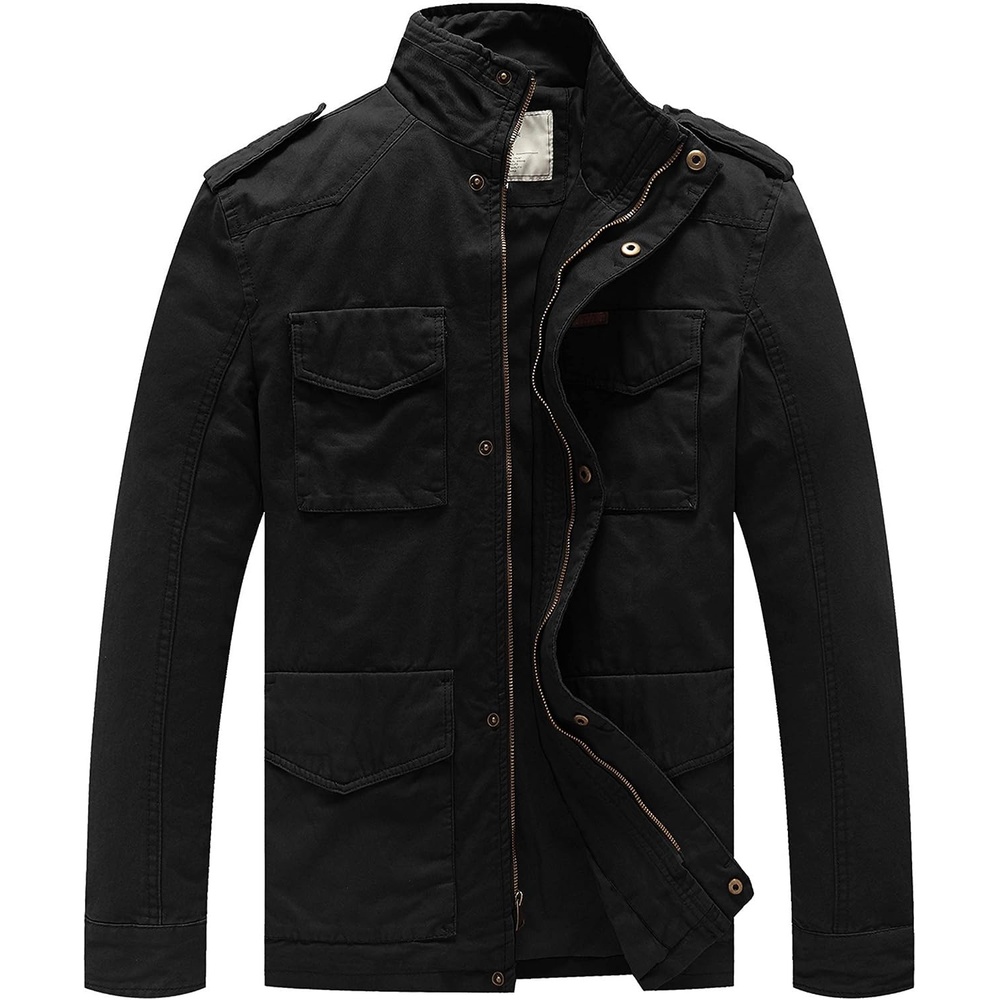 image:imageWenVen Mens Lightweight Twill Cotton Military Windbreaker Canvas JacketBlack