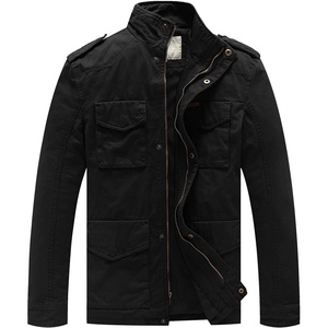 WenVen Men’s Lightweight Twill Cotton Military Windbreaker Canvas Jacket(Black)