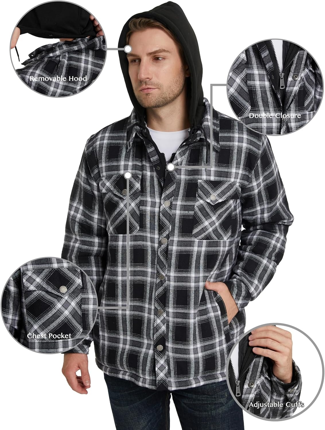 image:imageWenVen Mens Thick Plaid Flannel Quilted Shirts Jacket Cotton CoatBlack