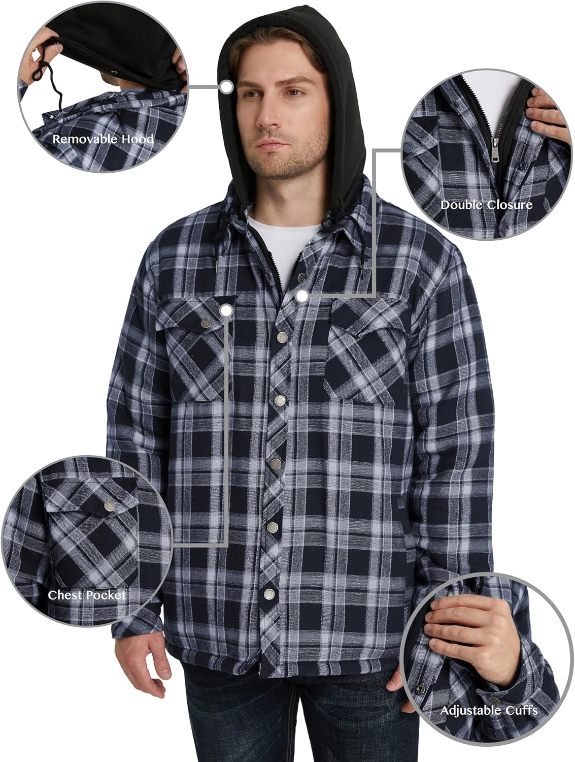 image:imageWenVen Mens Thick Plaid Flannel Quilted Shirts Jacket Cotton CoatBlue
