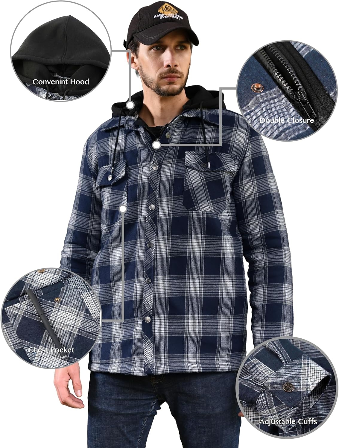 image:imageWenVen Mens Thick Plaid Flannel Quilted Shirts Jacket Cotton CoatDark Blue
