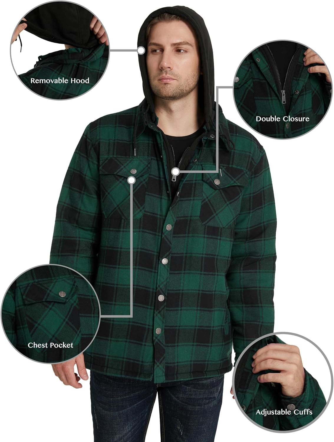 image:imageWenVen Mens Thick Plaid Flannel Quilted Shirts Jacket Cotton CoatDark Green