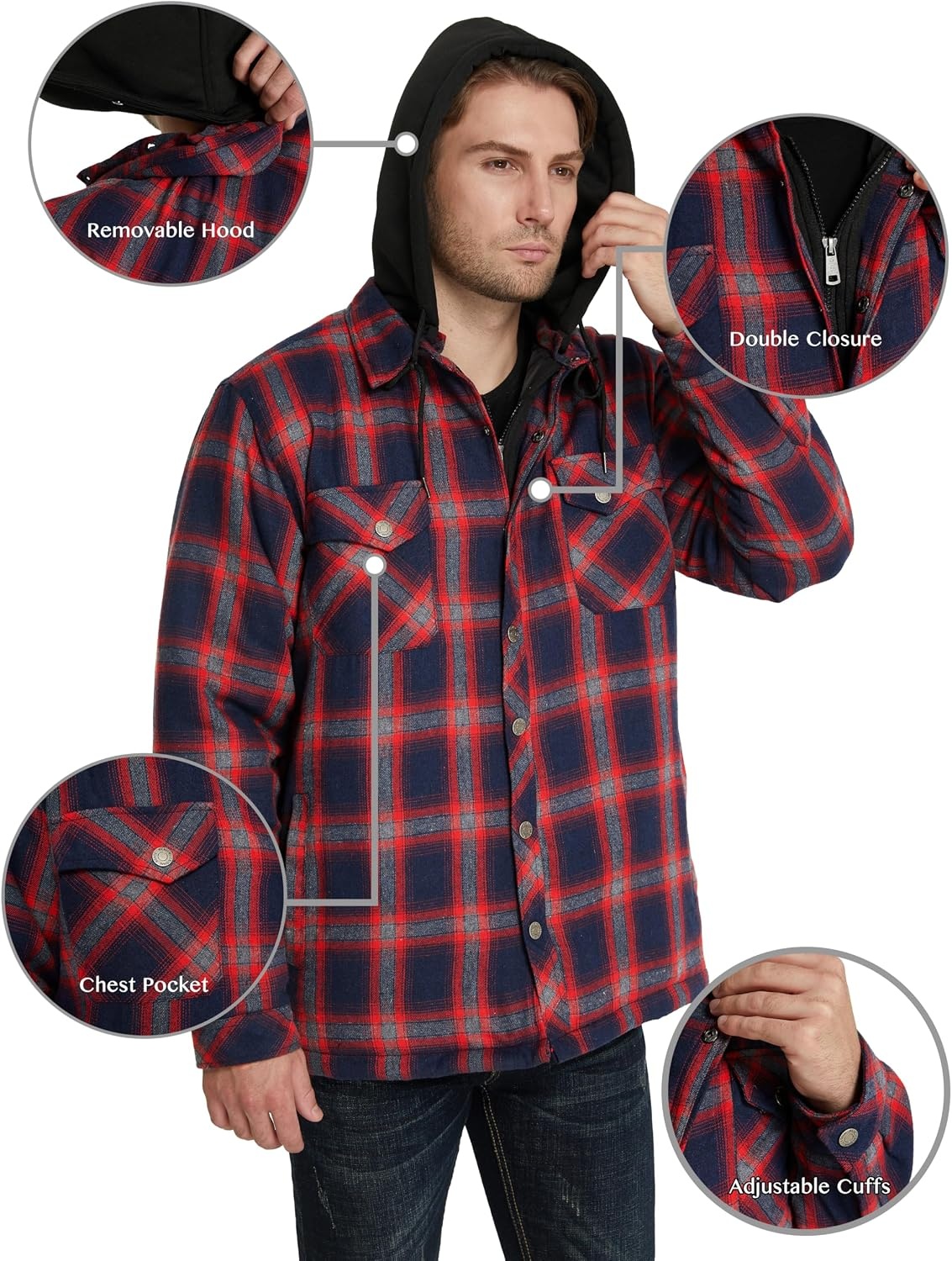 image:imageWenVen Mens Thick Plaid Flannel Quilted Shirts Jacket Cotton CoatDark Red