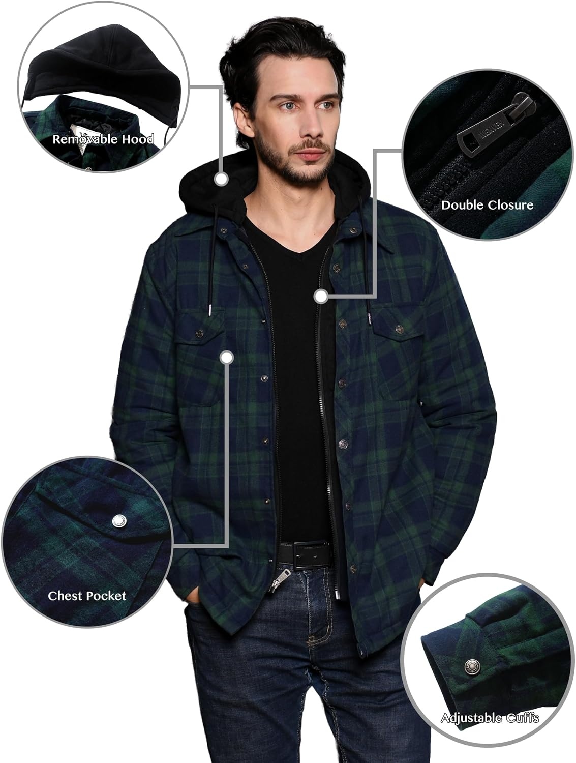 image:imageWenVen Mens Thick Plaid Flannel Quilted Shirts Jacket Cotton CoatForest Green
