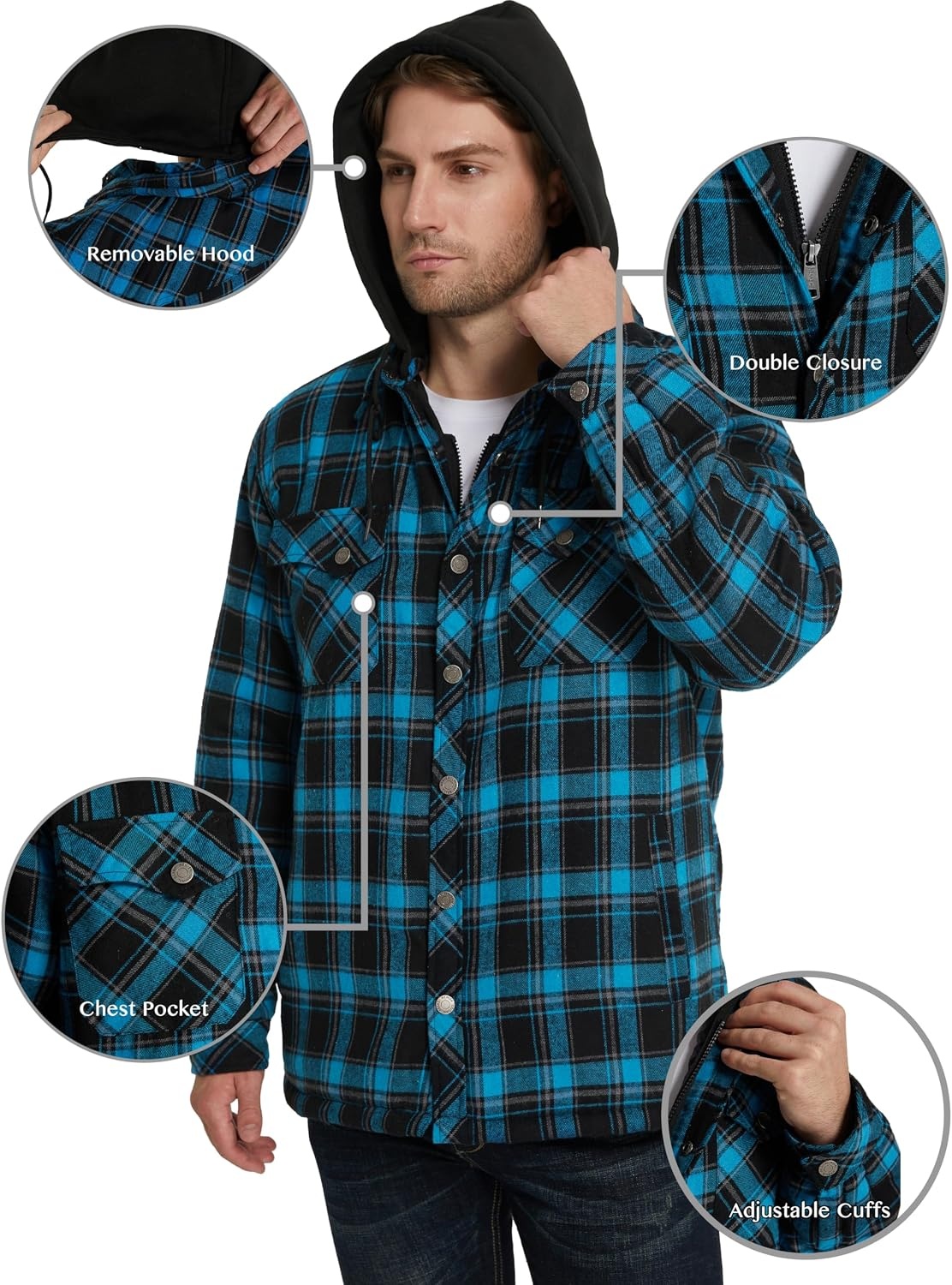 image:imageWenVen Mens Thick Plaid Flannel Quilted Shirts Jacket Cotton CoatLight Blue