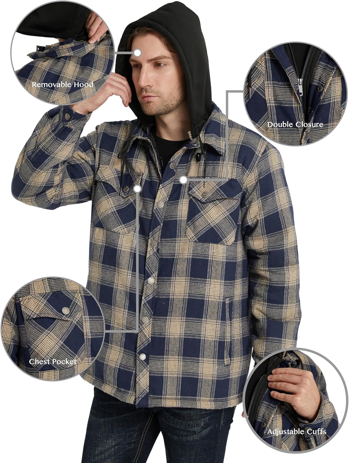image:imageWenVen Mens Thick Plaid Flannel Quilted Shirts Jacket Cotton CoatYellow