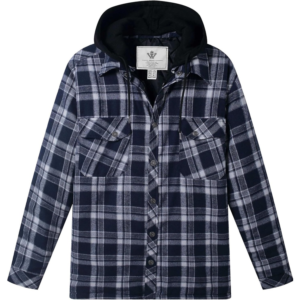 image:imageWenVen Mens Thick Plaid Flannel Quilted Shirts Jacket Cotton CoatBlue