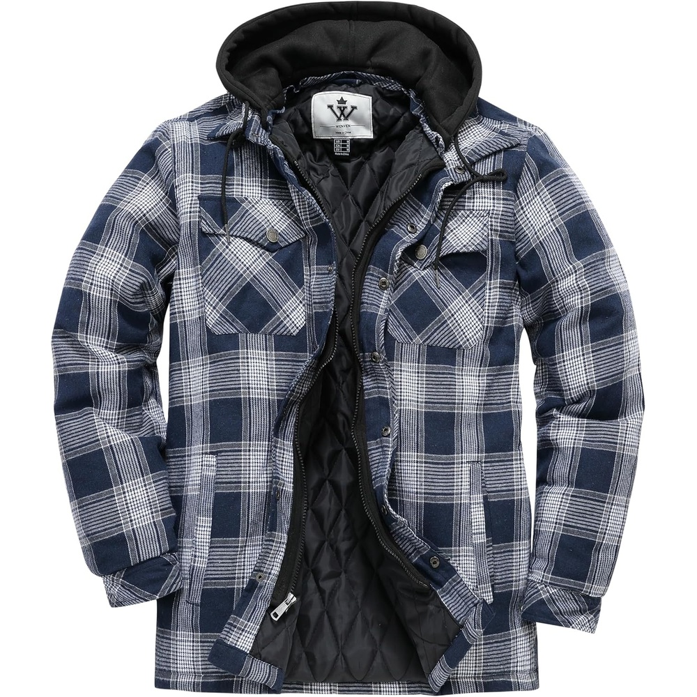 image:imageWenVen Mens Thick Plaid Flannel Quilted Shirts Jacket Cotton CoatDark Blue