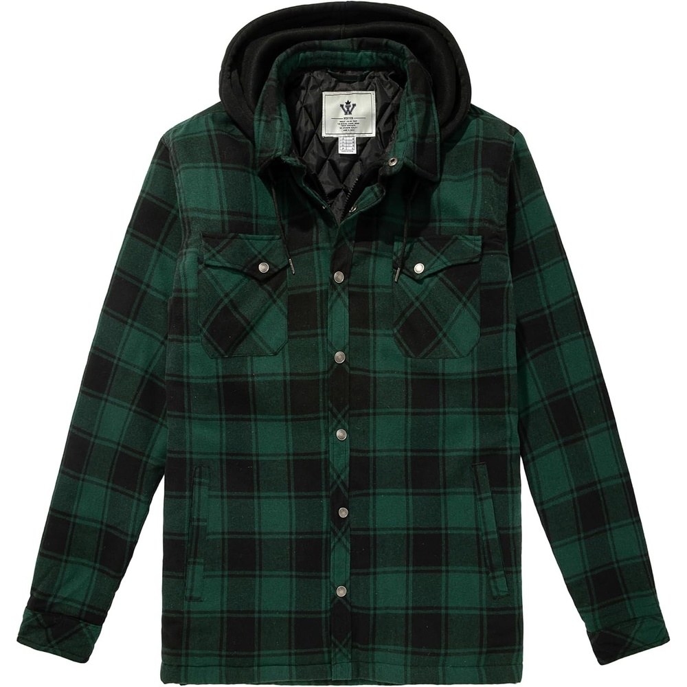 image:imageWenVen Mens Thick Plaid Flannel Quilted Shirts Jacket Cotton CoatDark Green