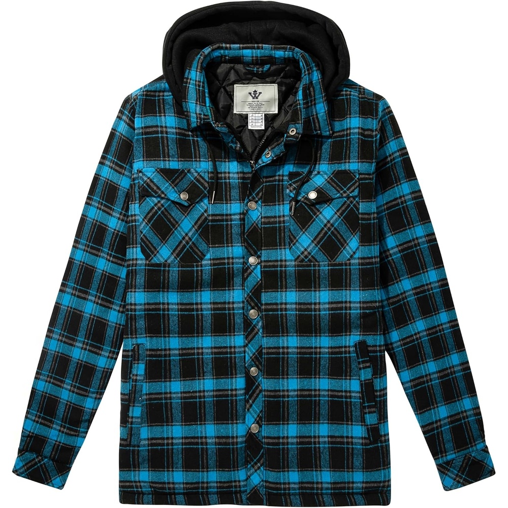 image:imageWenVen Mens Thick Plaid Flannel Quilted Shirts Jacket Cotton CoatLight Blue