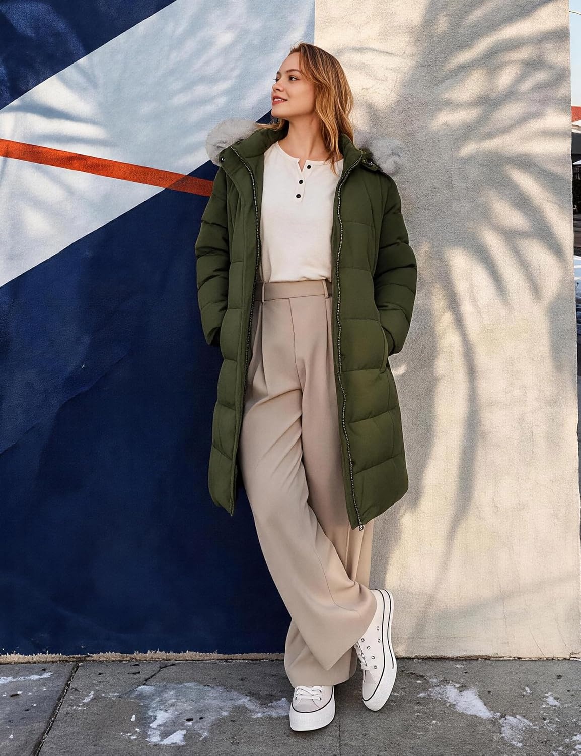 image:imageWenVen Womens Winter Long Puffer Coat Waterproof Warm Parka JacketArmy Green