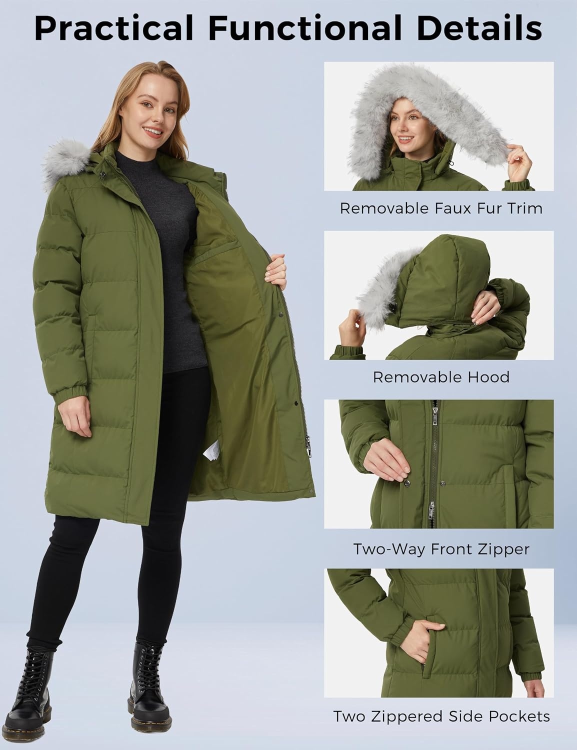 image:imageWenVen Womens Winter Long Puffer Coat Waterproof Warm Parka JacketArmy Green