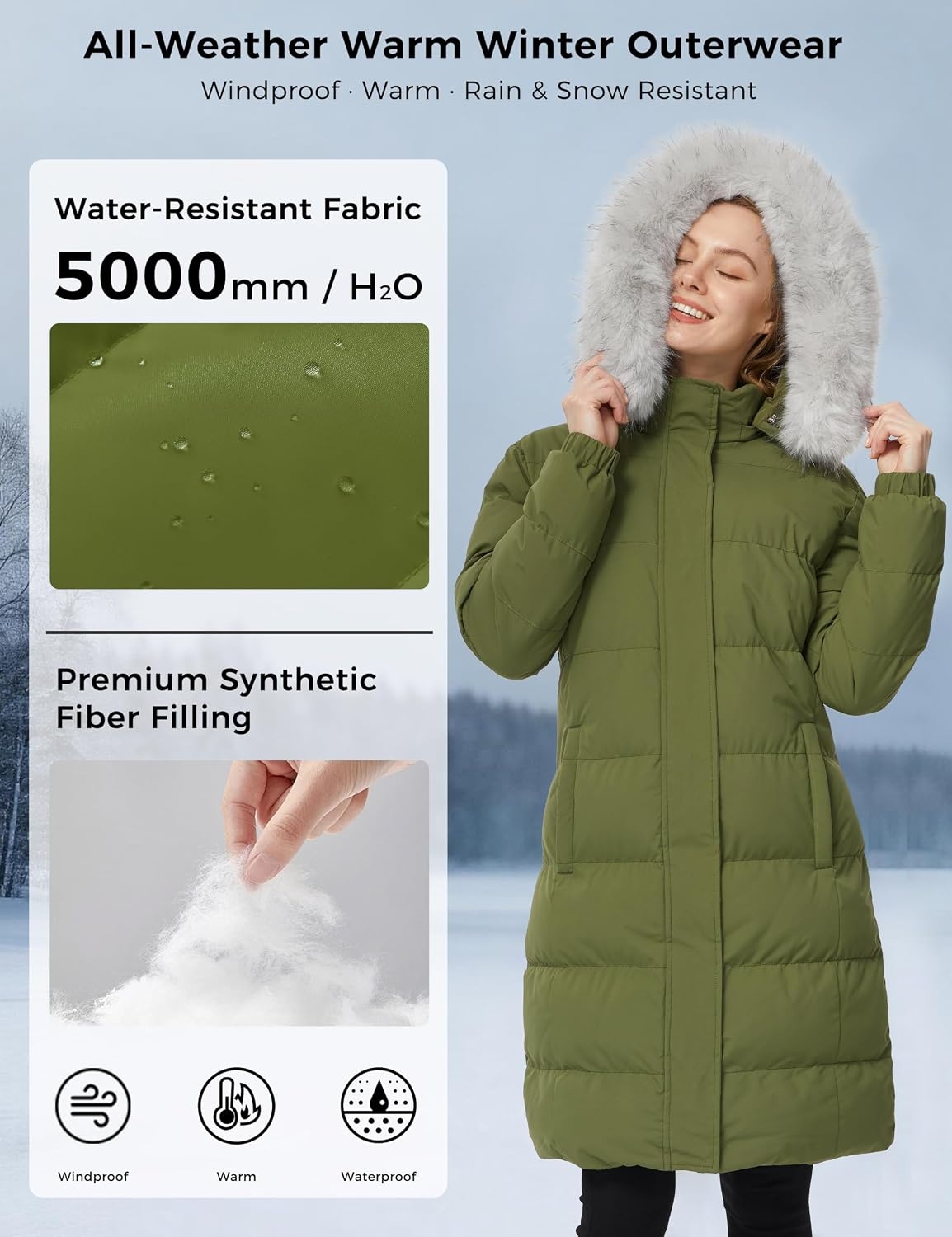 image:imageWenVen Womens Winter Long Puffer Coat Waterproof Warm Parka JacketArmy Green