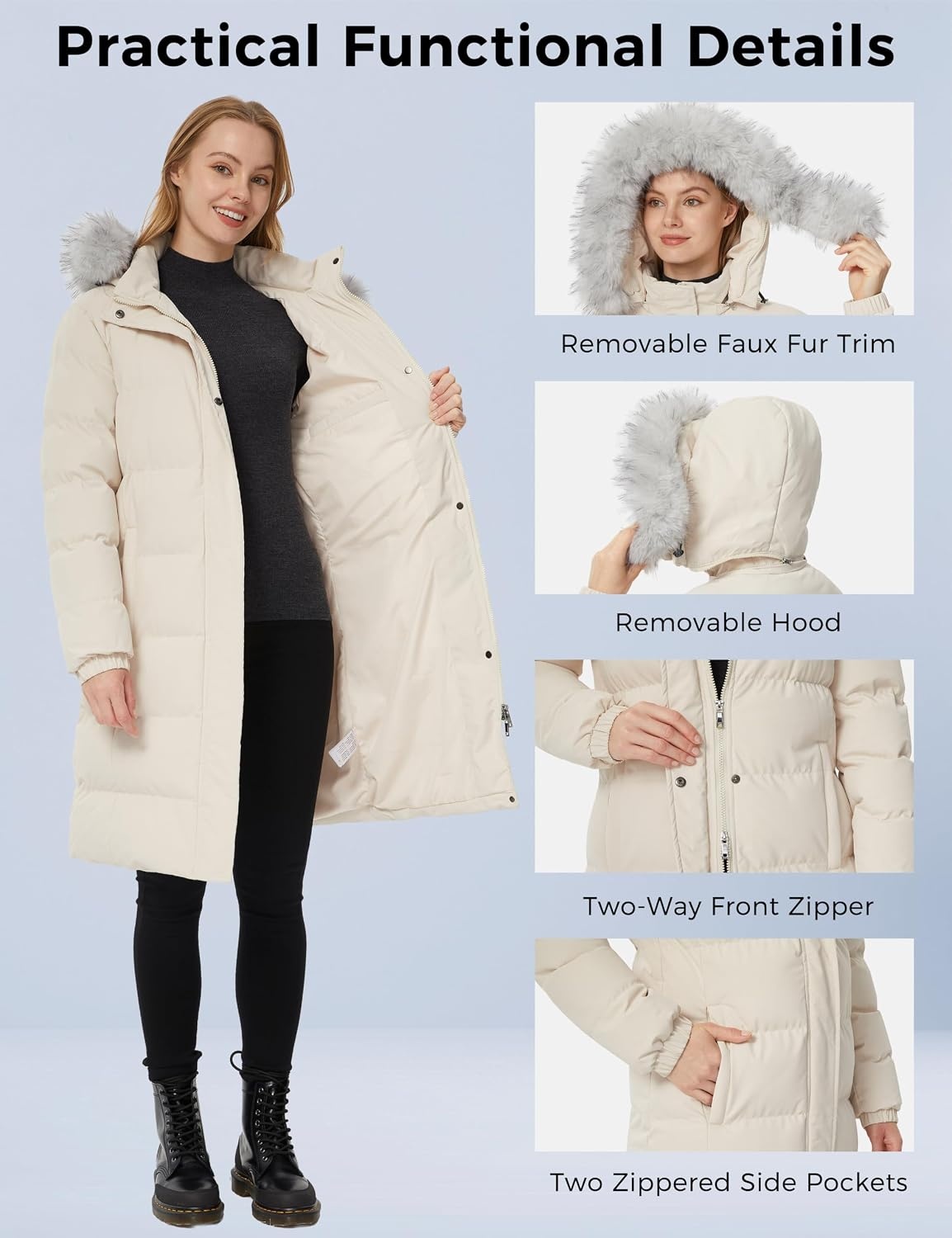 image:imageWenVen Womens Winter Long Puffer Coat Waterproof Warm Parka JacketBeige