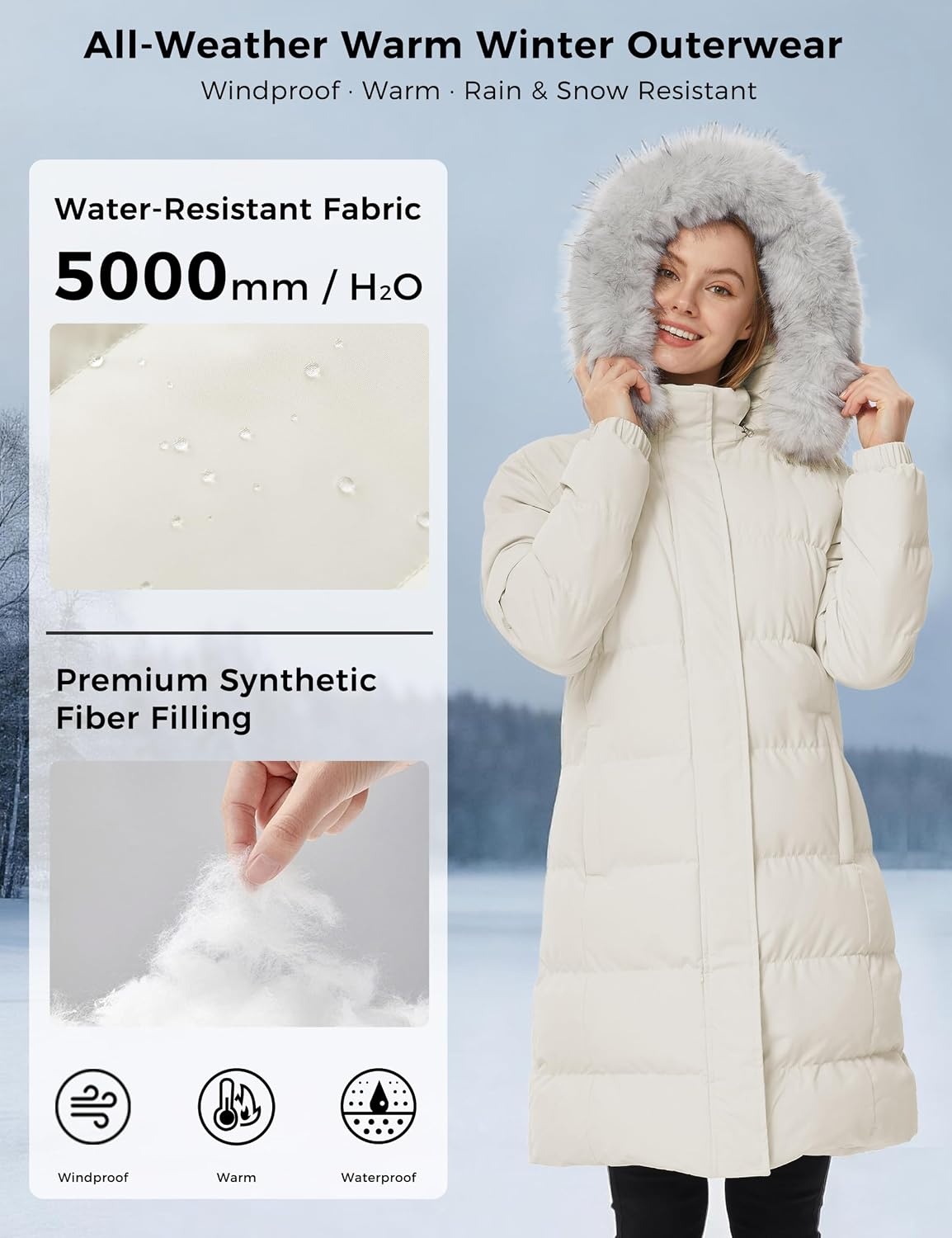 image:imageWenVen Womens Winter Long Puffer Coat Waterproof Warm Parka JacketBeige