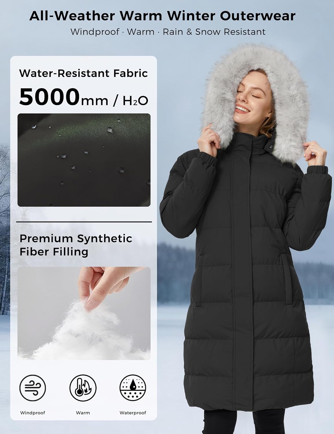 image:imageWenVen Womens Winter Long Puffer Coat Waterproof Warm Parka JacketBlack