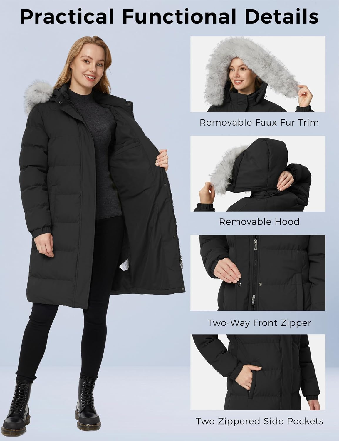 image:imageWenVen Womens Winter Long Puffer Coat Waterproof Warm Parka JacketBlack