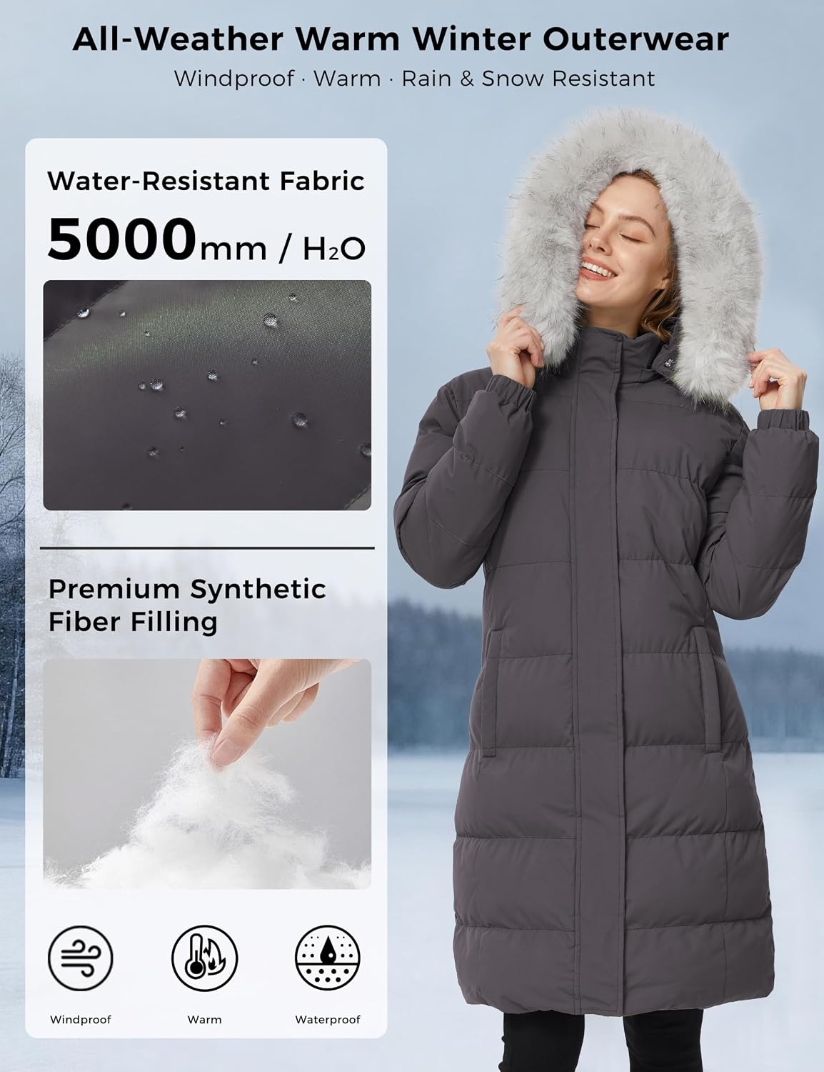image:imageWenVen Womens Winter Long Puffer Coat Waterproof Warm Parka JacketCharcoal Heather