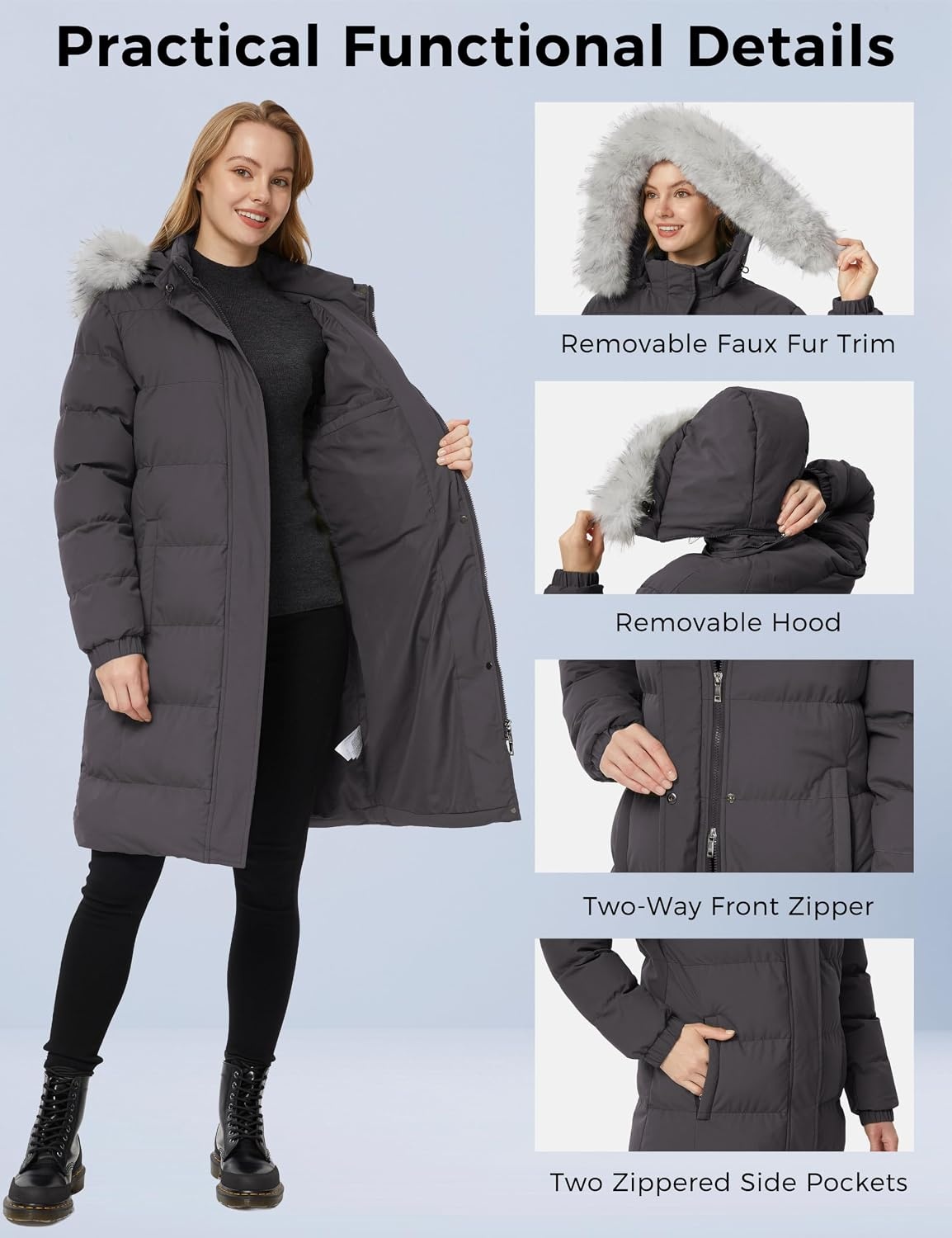 image:imageWenVen Womens Winter Long Puffer Coat Waterproof Warm Parka JacketCharcoal Heather