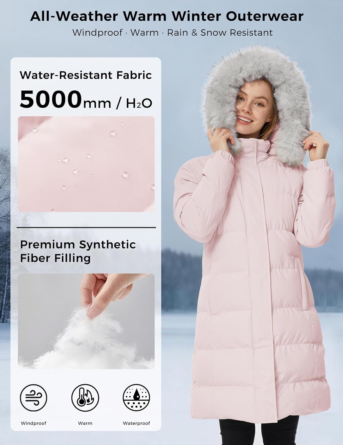 image:imageWenVen Womens Winter Long Puffer Coat Waterproof Warm Parka JacketPink