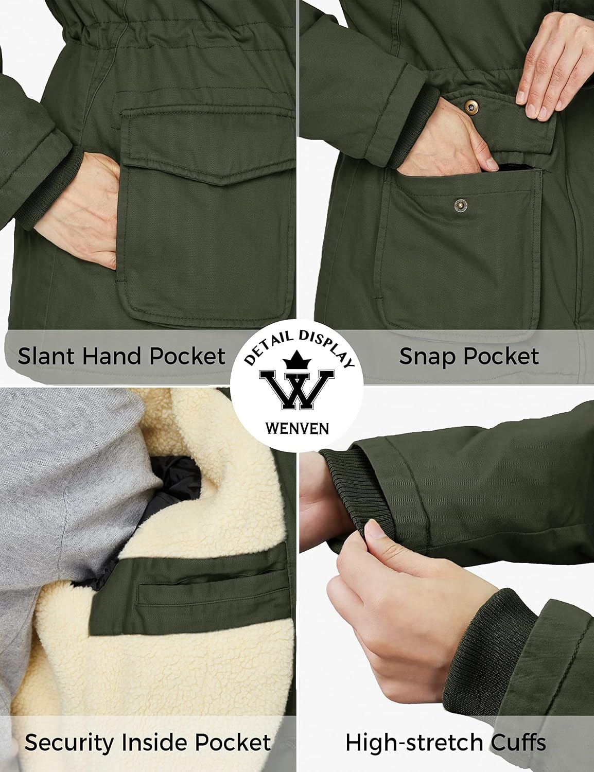 image:imageWenVen Womens Winter Warm Sherpa Lined Jacket Heavy Parka Coat with HoodArmy Green