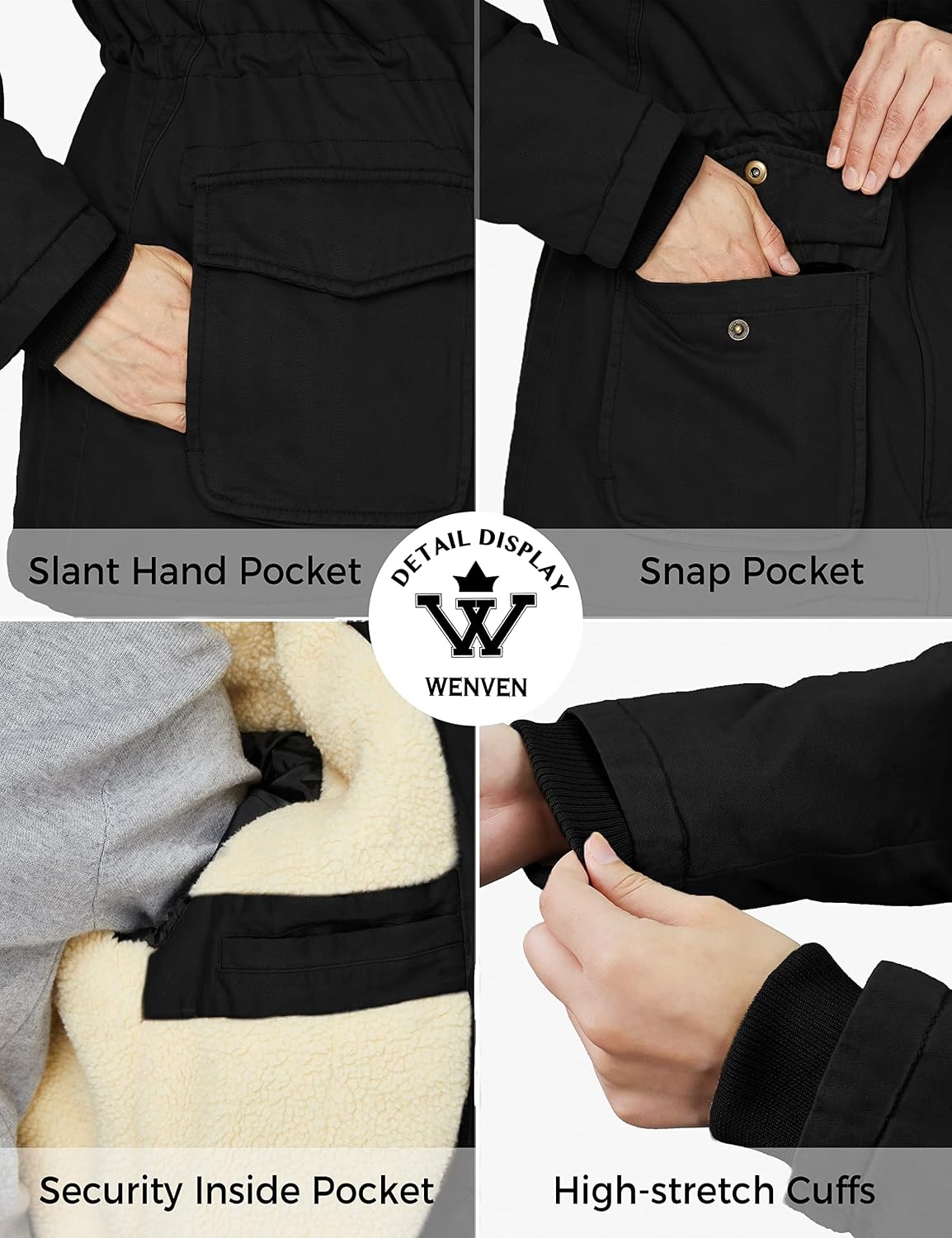 image:imageWenVen Womens Winter Warm Sherpa Lined Jacket Heavy Parka Coat with HoodBlack