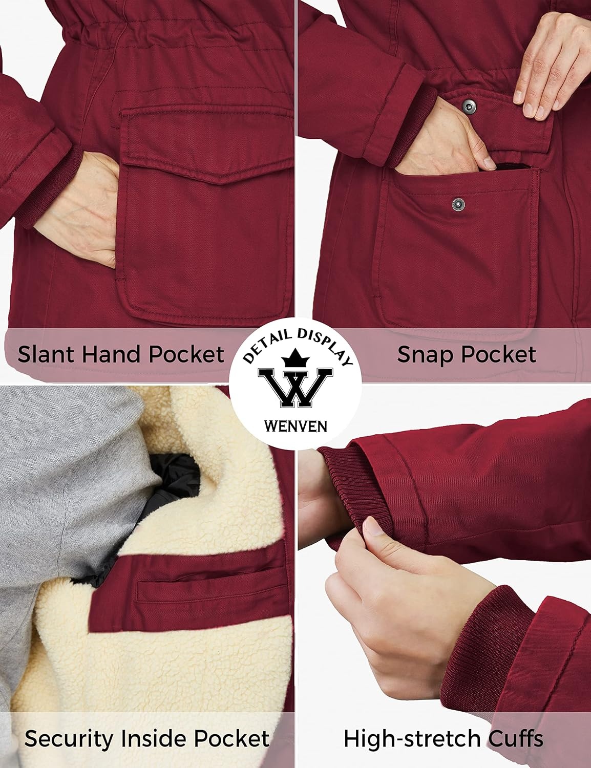 image:imageWenVen Womens Winter Warm Sherpa Lined Jacket Heavy Parka Coat with HoodClaret