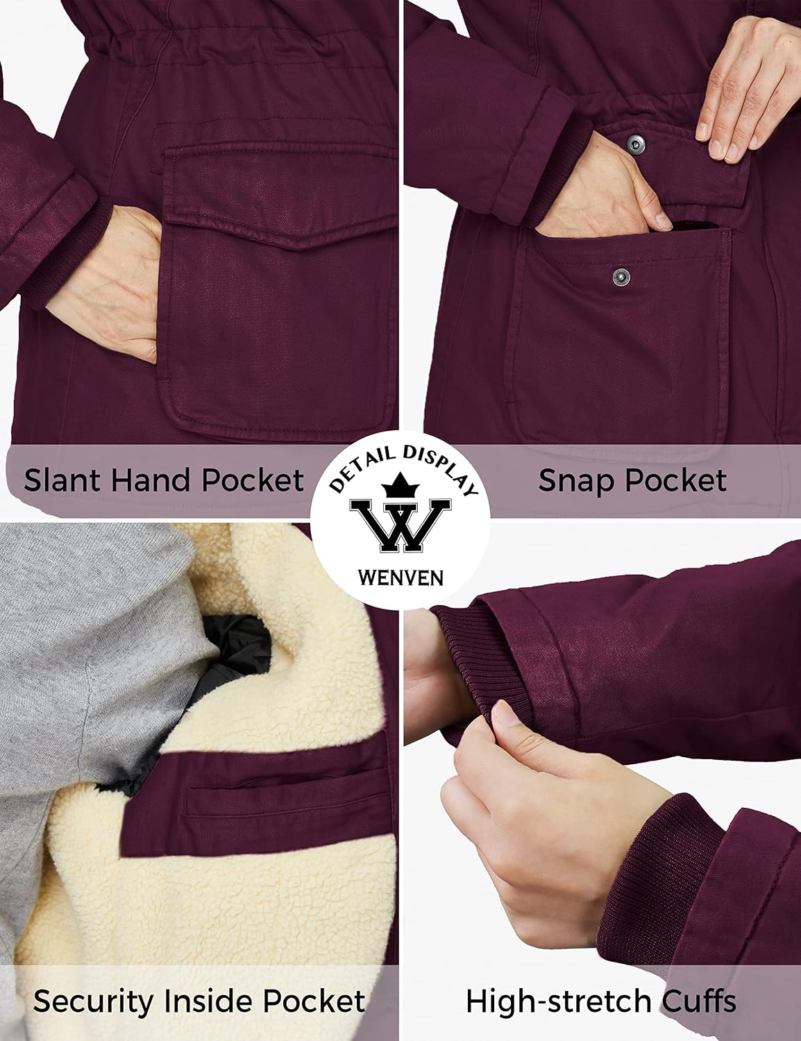 image:imageWenVen Womens Winter Warm Sherpa Lined Jacket Heavy Parka Coat with HoodDeep Wine