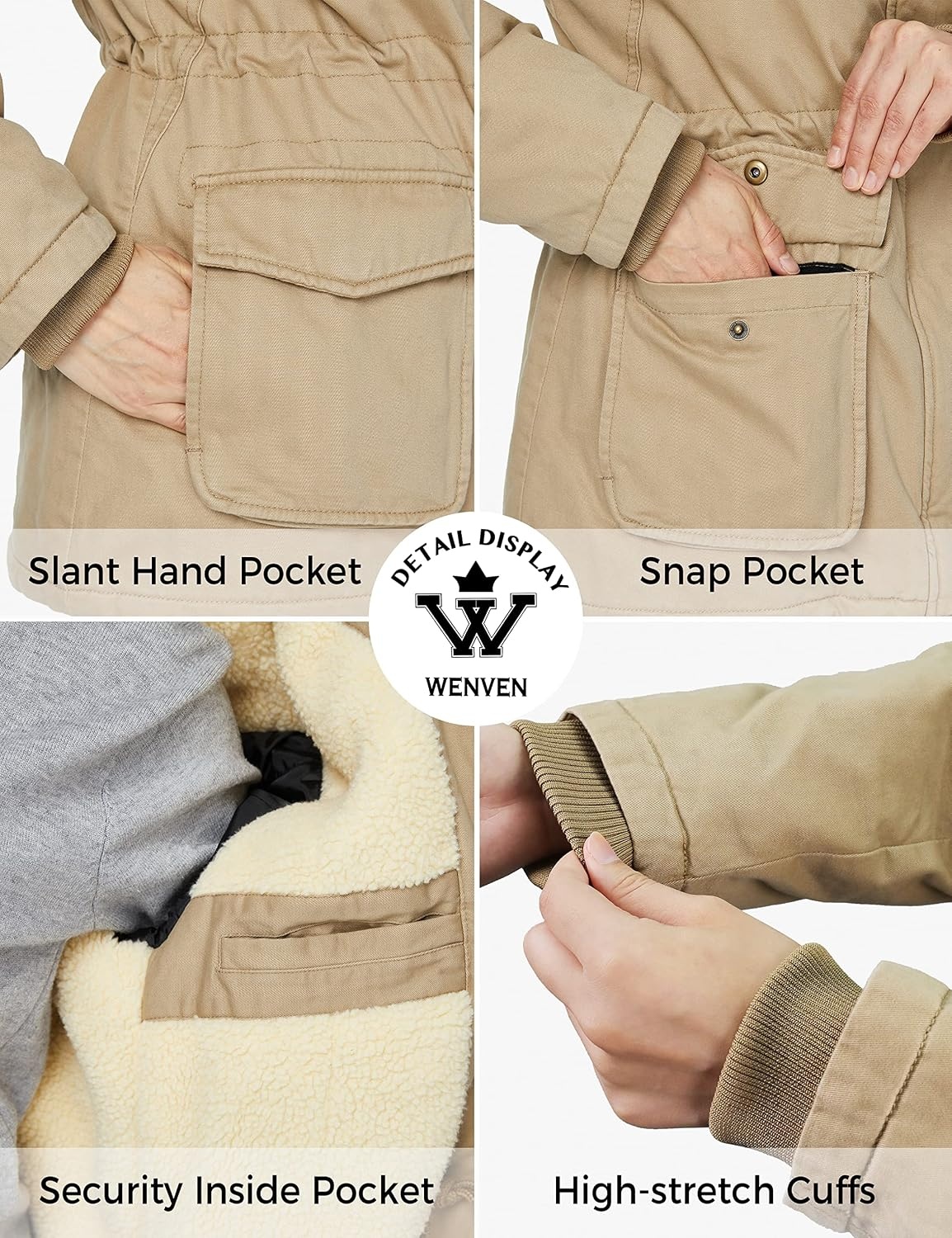 image:imageWenVen Womens Winter Warm Sherpa Lined Jacket Heavy Parka Coat with HoodKhaki2