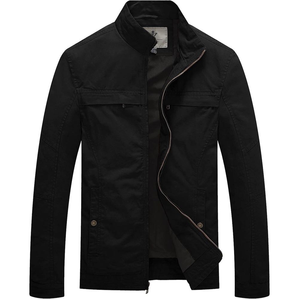 image:imageWenVen Mens Spring Canvas Military Jacket Casual Lightweight Cotton CoatBlack