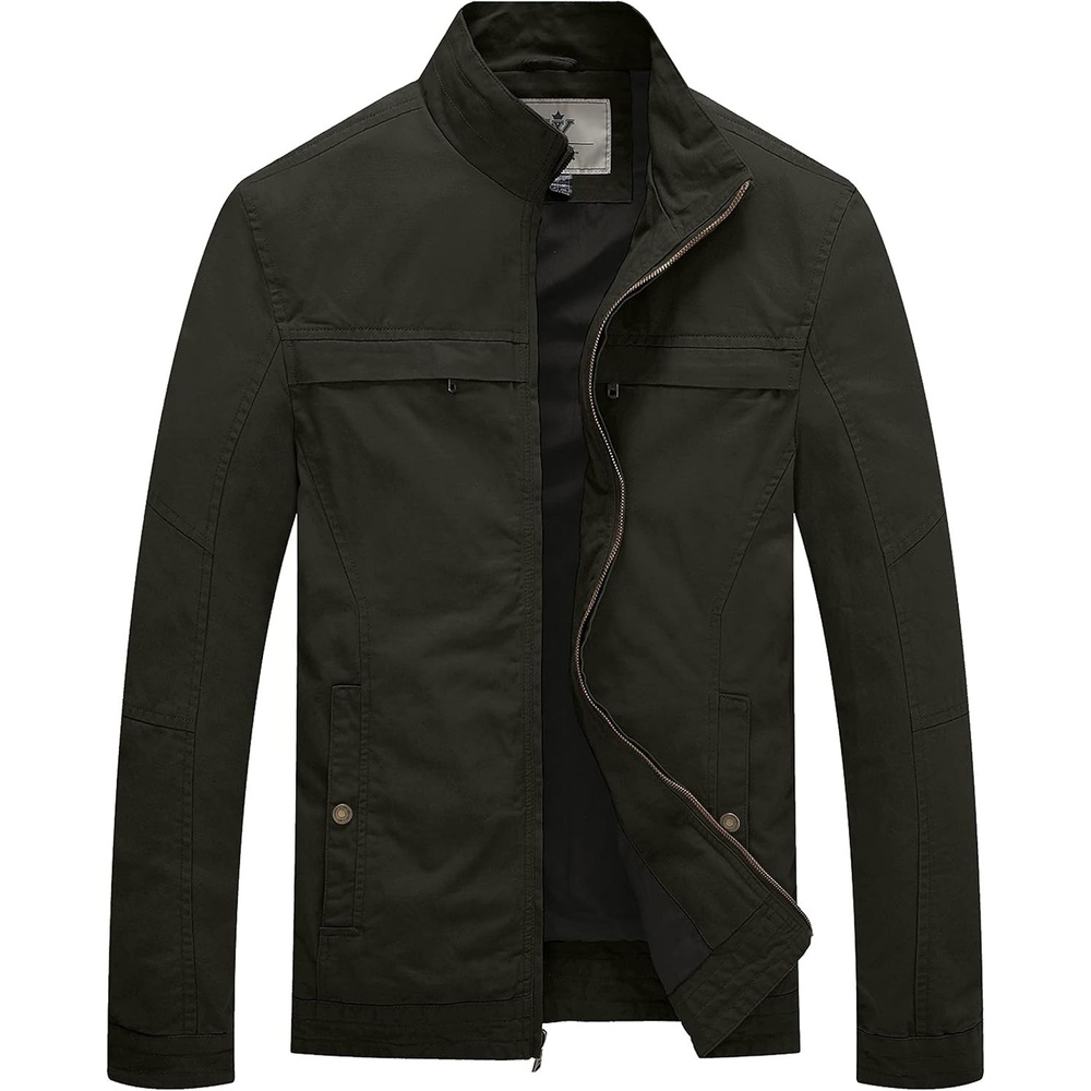 image:imageWenVen Mens Spring Canvas Military Jacket Casual Lightweight Cotton CoatGreen